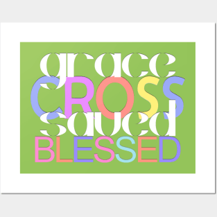 "Grace Cross Saved Blessed" Typography Art Posters and Art